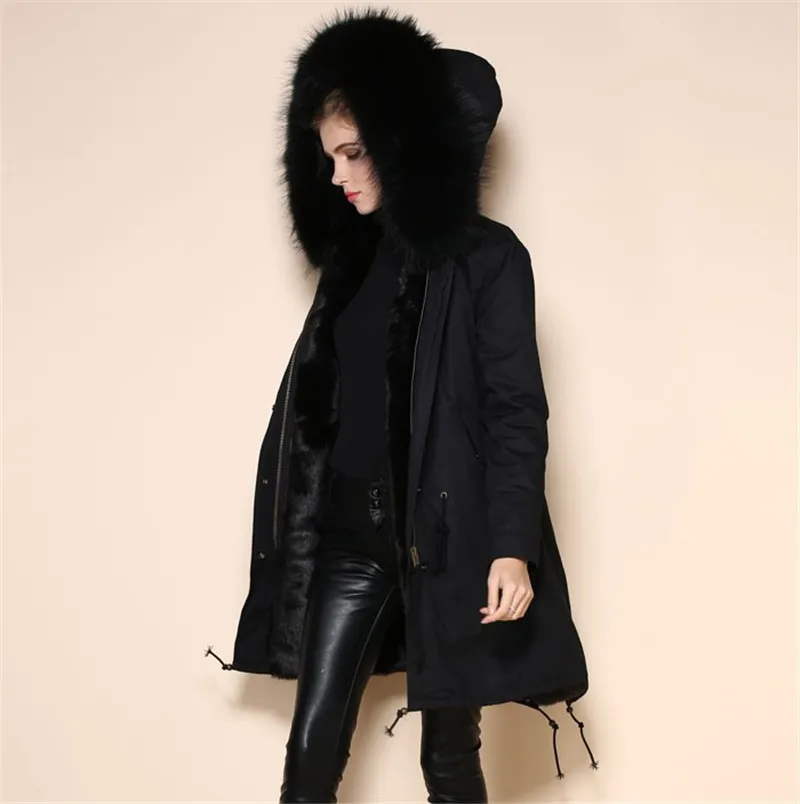 Womens Black Parka Coat Fur Hood Han Coats