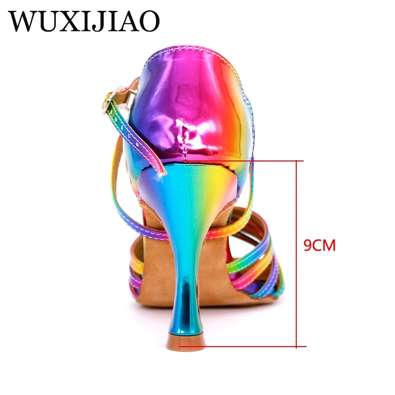 Goede WUXIJIAO Latin Dance Schoenen Regenboog Kleuren heldere PU vrouwen Salsa elegante stijldansen schoenen zachte zool Cuba hoge Hak 9cm