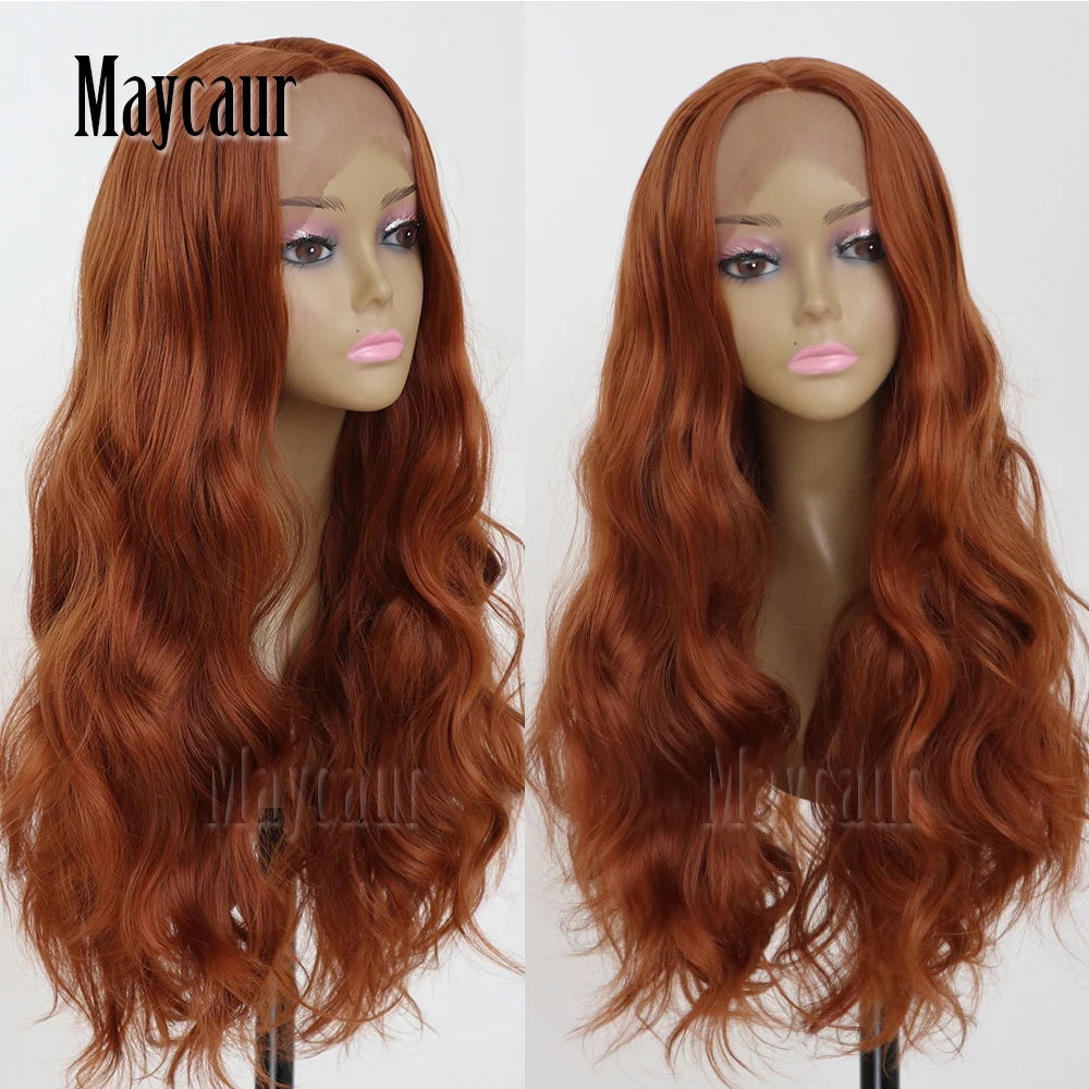 Maycaur волосы длинные объемные волнистые синтетические волосы на кружеве парики бесклеевой оранжевый цвет бесклеевой синтетические парики на кружеве для черных женщин
