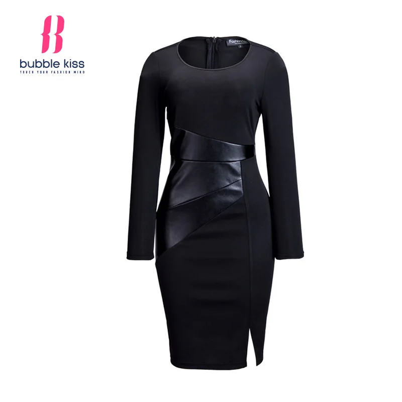 Long Sleeve black Dress Women Autumn Faxu Leather Patchwork Casual
