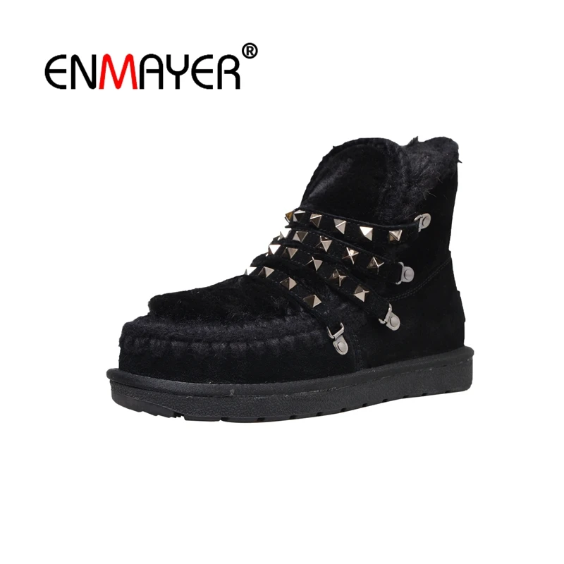 

ENMAYER Woman Ankle boots Short boots Winter Shoes Round toe Black Size 34-42 Causal Rivets Med heels zapatos de mujer CR1920