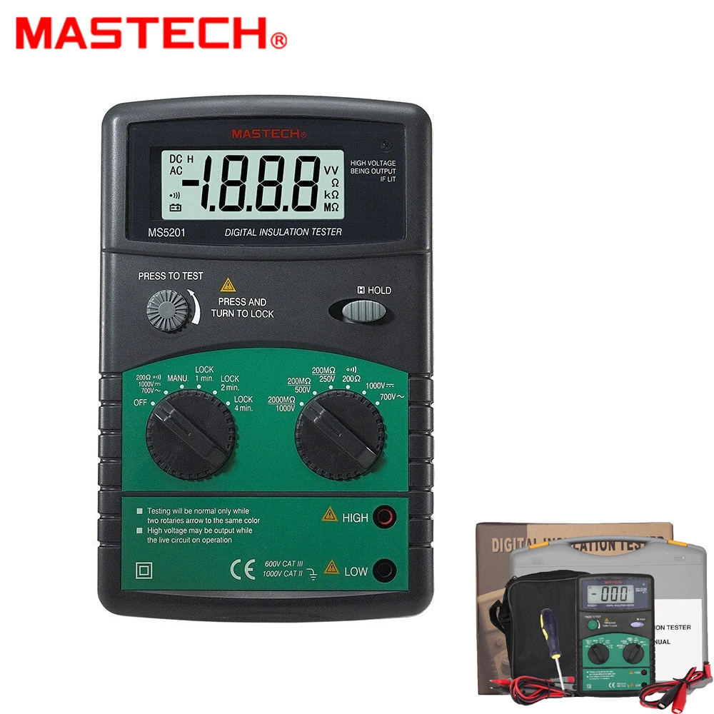 MASTECH MS5201 Цифровой тестер сопротивления изоляции мегомметром звук и вспышка с сигнализацией AC/DC Детектор напряжения