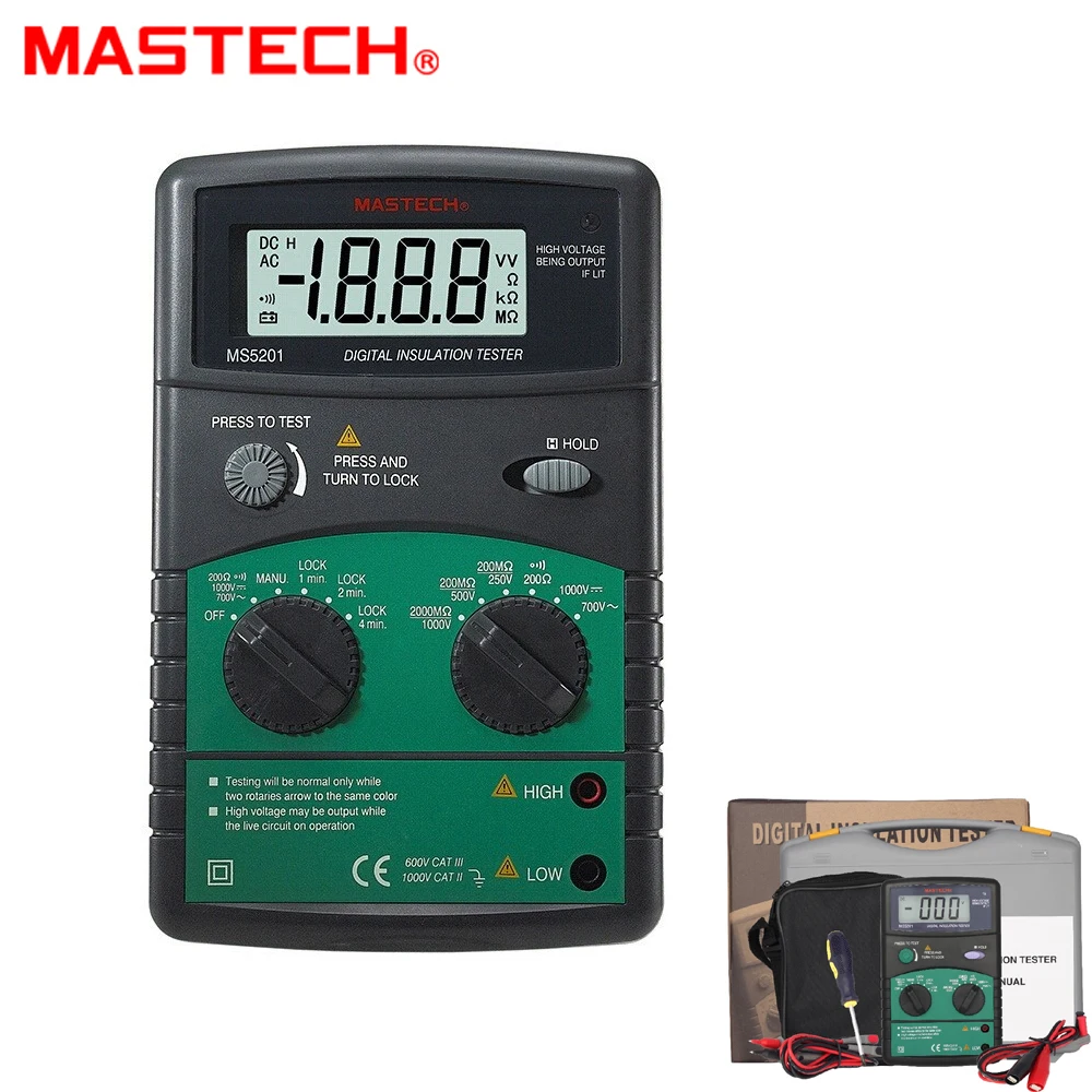 MASTECH MS5201 Цифровой Сопротивление изоляции тестер megger звук и вспышки с тревогой AC/DC Напряжение детектор