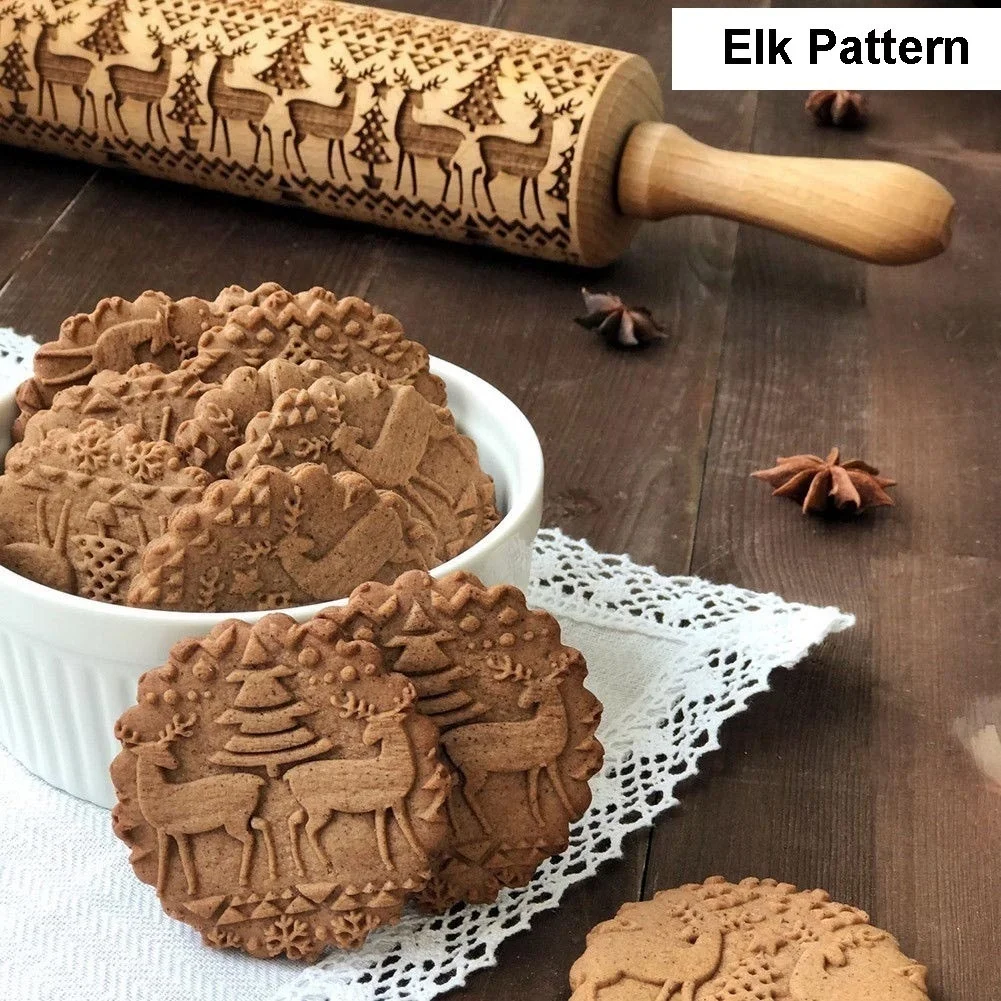 

Christmas Snowflake Elk Wooden Rolling Pin Embossing Baking Cookies Noodle Biscuit Fondant Cake Dough Patterned Roller