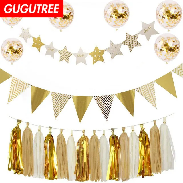 

GUGUTREE PARTY one set rose gold white latex foil ballon Banners Paper flowers tassels Streamers happy birthday party PD-50