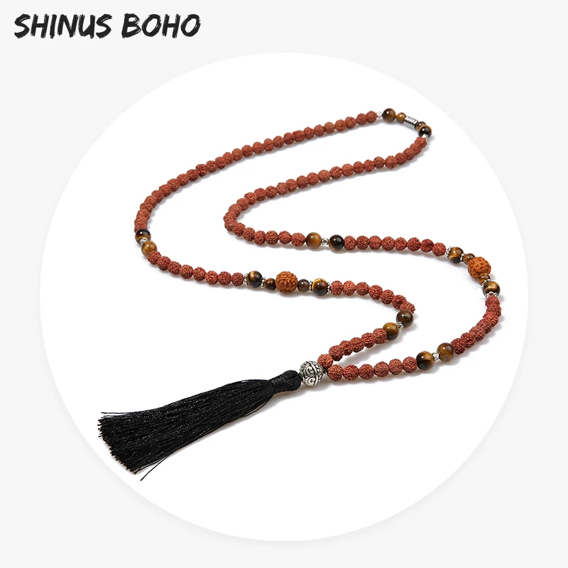 

SHINUSBOHO Tiger Eye & Rudraksha Beads Men Necklace Christmas Jewelry Tassel Statement colier long femme Women Beaded Necklace