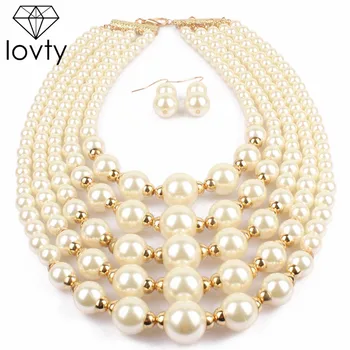 

lovty Pearl Necklace Sets Fashion Exaggerated Female Short Necklace Multi-layer Necklace with Stud Earring Women Jewelry