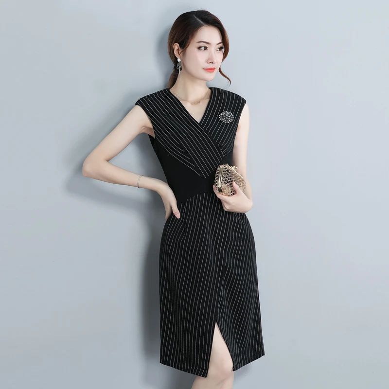 

Plus Size Fashion 2019 Spring Summer Women Dresses Casual Striped Patchwork Sleeveless V-Neck Sexy Dress Slim Office Lady Dress