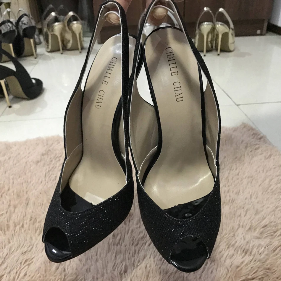 Женские босоножки на тонком металлическом высоком каблуке-шпильке; пикантные черные блестящие вечерние женские туфли с открытым носком и ремешком сзади; 3845-g5