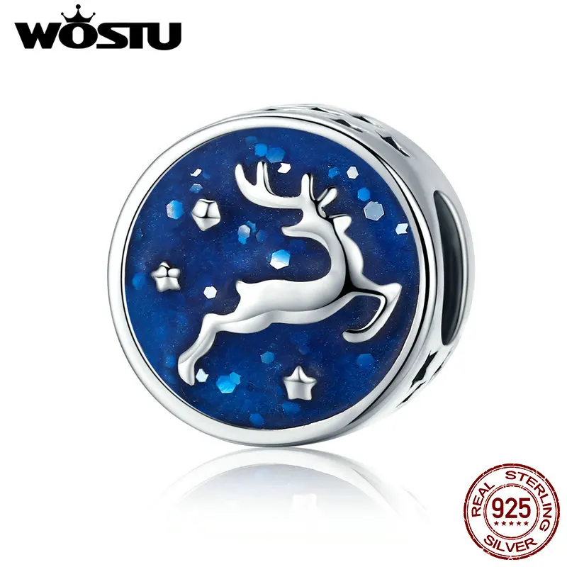 WOSTU Fashion New 925 Sterling Silver Christmas Deer Snowflake Blue Enamel Charm fit Women Charm Bracelet DIY Jewelry DXC458