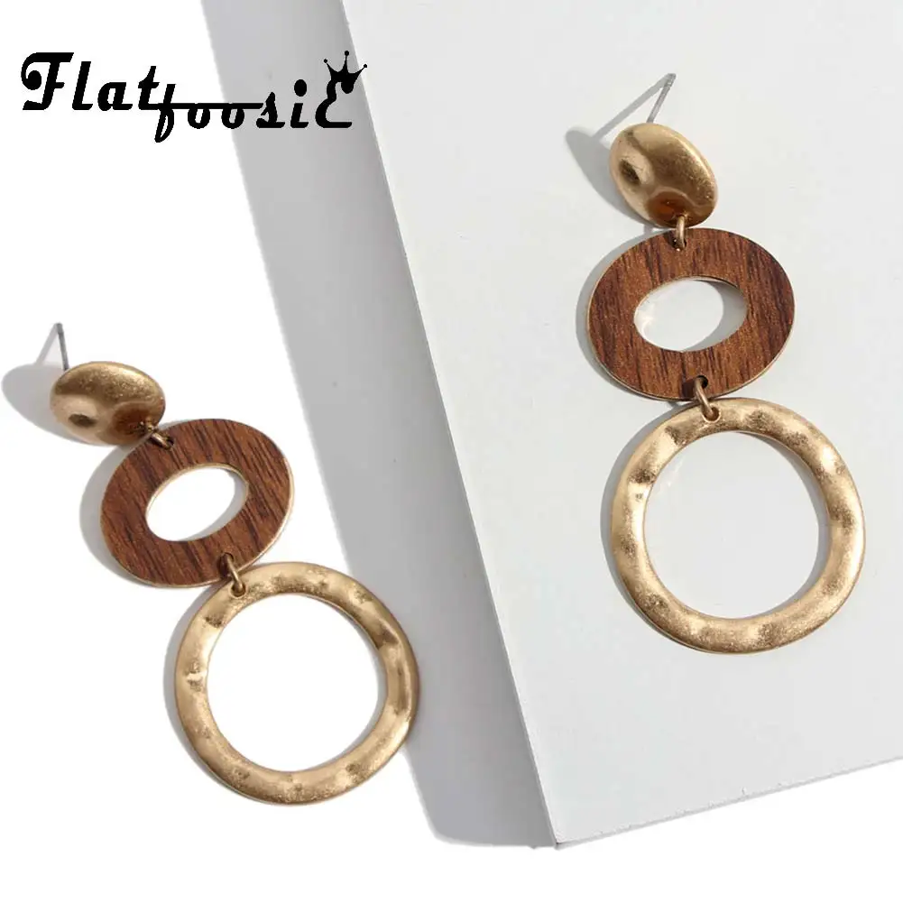 

Flatfoosie Vintage Circle Dangle Earrings For Women Boho Wood Round Pendant Long Drop Earring Gold Color Antique Ethnic Jewelry