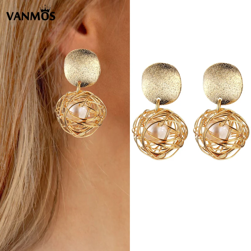 

Vanmos Vintage Fashion Metal Weaving Ball Drop Earrings Imitation Pearl Circle Dangle Earrings Jewelry for Women Girl Gift