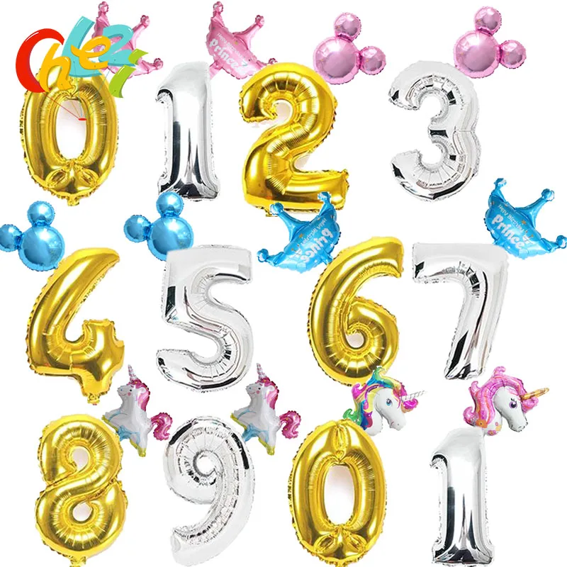 32 дюймов золотое серебряное число фольга Воздушные шары Корона Единорог Микки и Минни День Рождения украшения дети цифра материалы для вечеринок с шарами