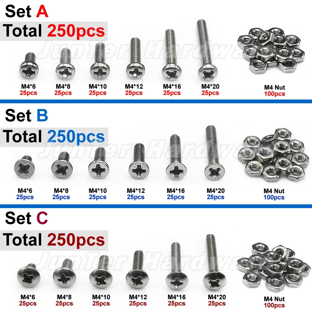 

250pcs M4(4mm) A2 Stainless Steel Phillips Pan Flat Truss Head Machine Screws With Hex Nuts Assortment