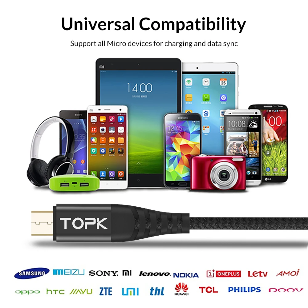 TOPK кабель micro usb нейлон синхронизации данных usb кабель для samsung S7 A5 A7 J7 Примечание 3 для huawei Xiaomi Redmi note зарядный кабель