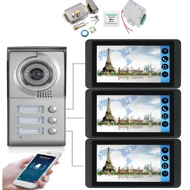 IOS/Android Wi-Fi Проводной Видео дверной 7 "видео-домофон в квартиру дверной звонок Системы ИК Камера сенсорный ключ для 3 семей