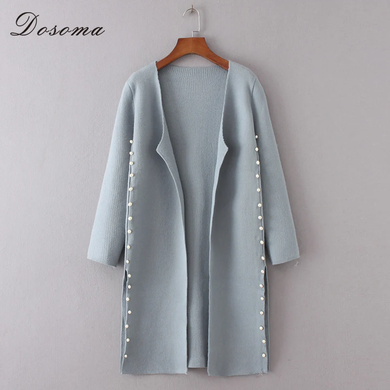 Beading Pearls Cardigan Women Winter White Long Knit