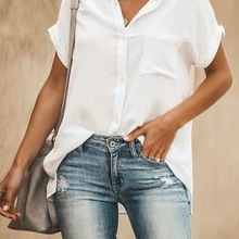 Хлопковая и льняная однобортная женская рубашка с карманами летняя футболка с коротким рукавом и отложным воротником повседневные офисные женские топы