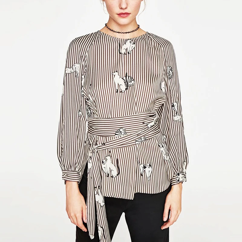 Goedkoop Katten print gestreepte lente shirts strikje riem lange mouw o hals split geplooide blouses vintage casual tops vrouwen kleding blusas