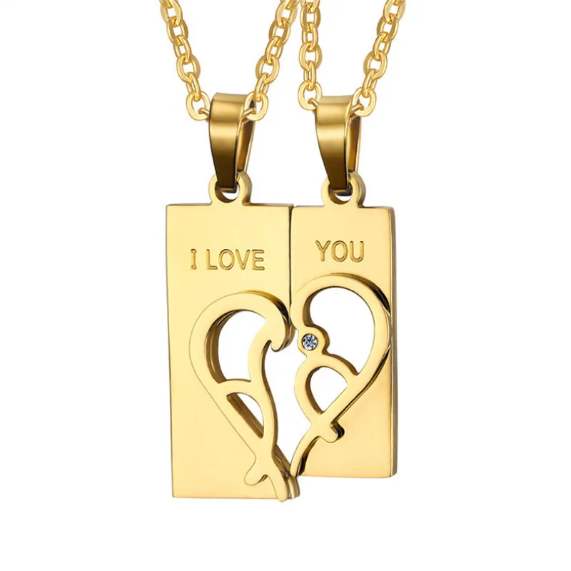 

Titanium Steel Couple Pendant Heart Shape Love Puzzle Electroplated Gold Couple Necklace