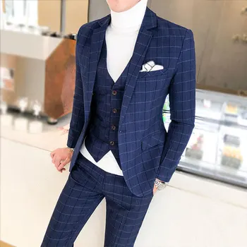 

Spring & Autumn Men Plaid Suit,Slim Design Men Blazer Jackets and Pants with Vest,Asian Size 5XL Men Wedding Suits High Quality