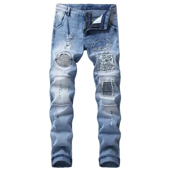 

2019 New Fashion Men's Hole Shredded Light blue jeans two-color Motorcycle Embroidered Men's Casual pants more size 28-40 42