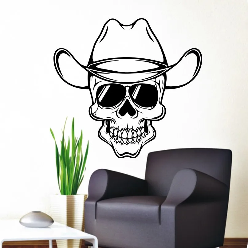 

Skull Wall Decals Cowboy Hat Stickers Kids Living Room Bedroom Home Window Decoration Removable Vinyl Art Mural YY264