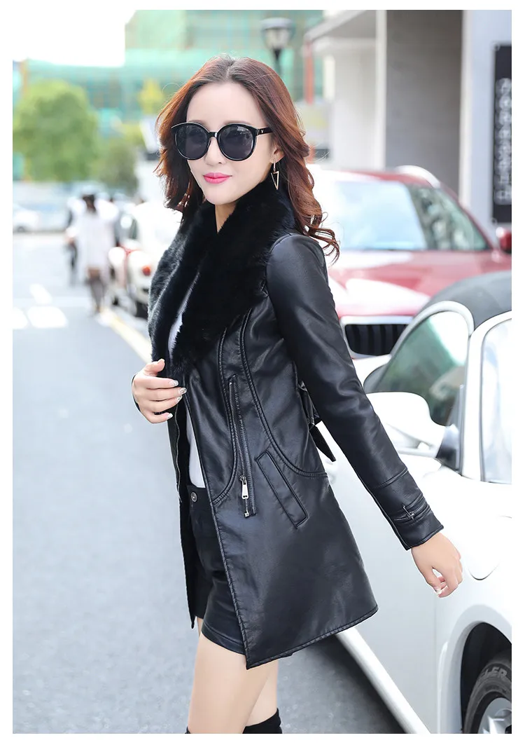 Новая мода, крутая Корейская длинная куртка из натуральной кожи с воротником для волос, приталенная куртка больших размеров черного и серого цвета для женщин, A3772