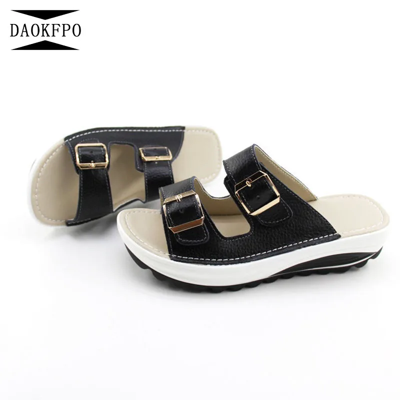 

DAOKFPO New Slippers Summer Split Leather Shoes Woman Buckle Platform Wedges Casual Anti-slip bottom Style Creepers NVT-09