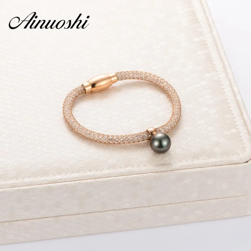 

AINUOSHI Net Rose Gold Color Crystal Choker Bracelet Natural Black South Sea Tahiti Pearl Bracelet Fine Jewelry Gift for Female