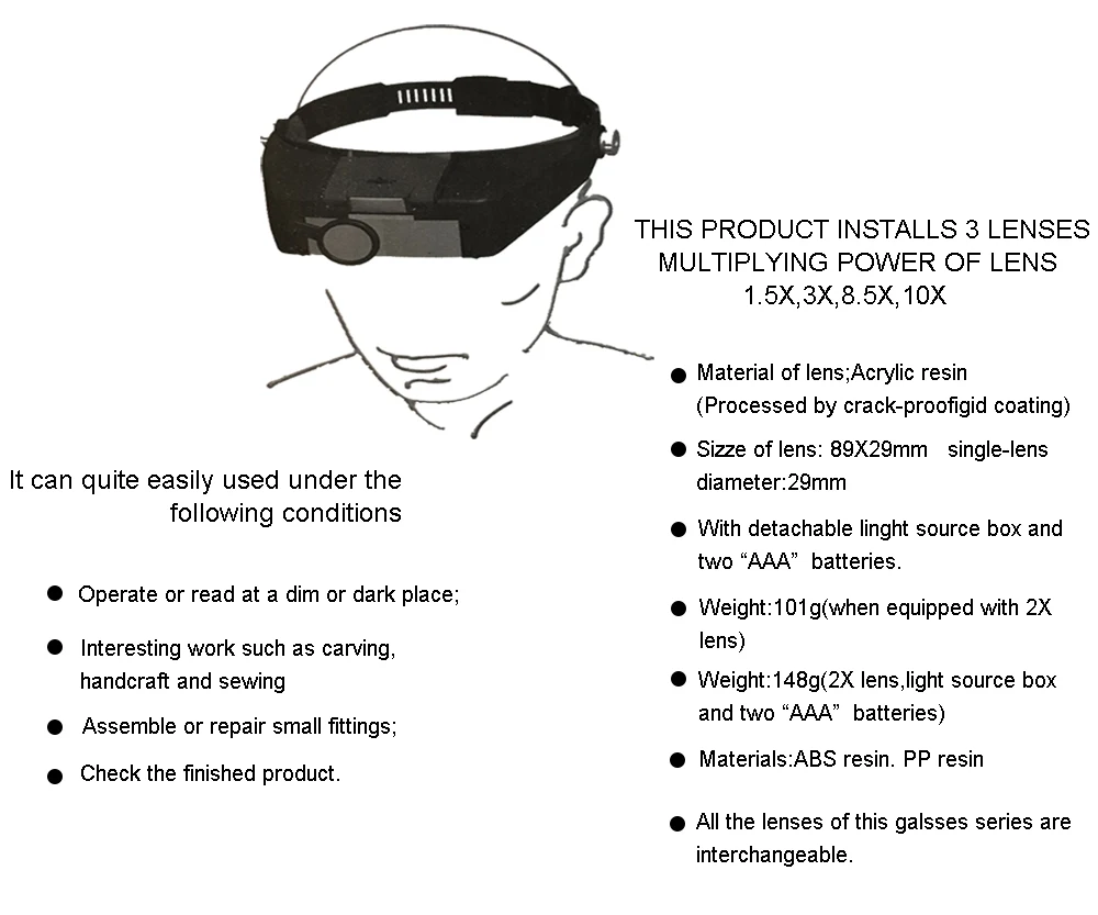 Оголовье лупа очки, 1.5x 3X 8.5x 10x очки увеличительное стекло с 2 светодиодный фонарь лампа голова Лупа для ремонта