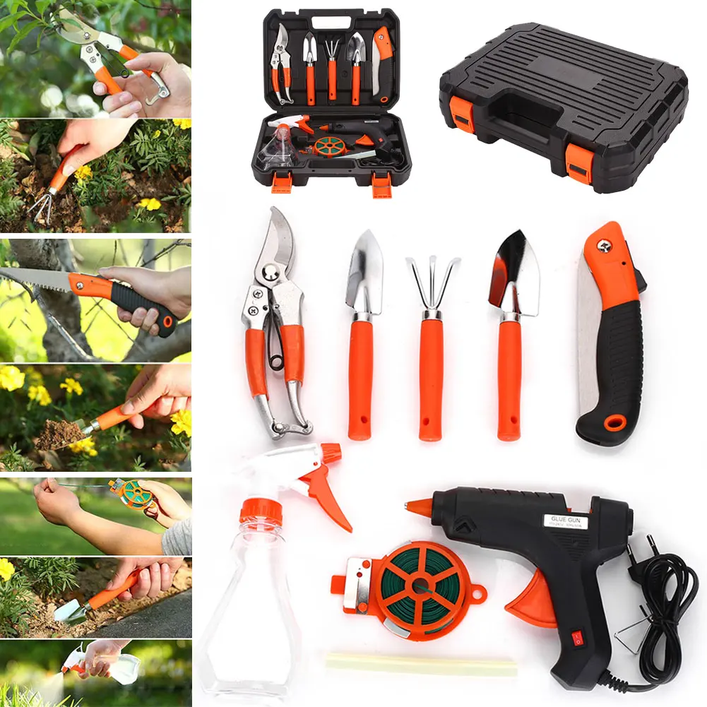 

9pcs Silver Gardening Toolbox Gardener Tools Multifunctiona Kit Portable Practical Durable Garden Tool Set Shovel Rake