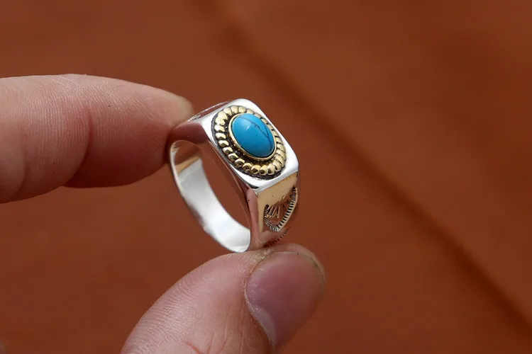 Real Pure 925 Sterling Silver Ring Men Blue Natural Stone Vintage Indian Style Cool Thick Band Mens Jewelry Free Box, 15g