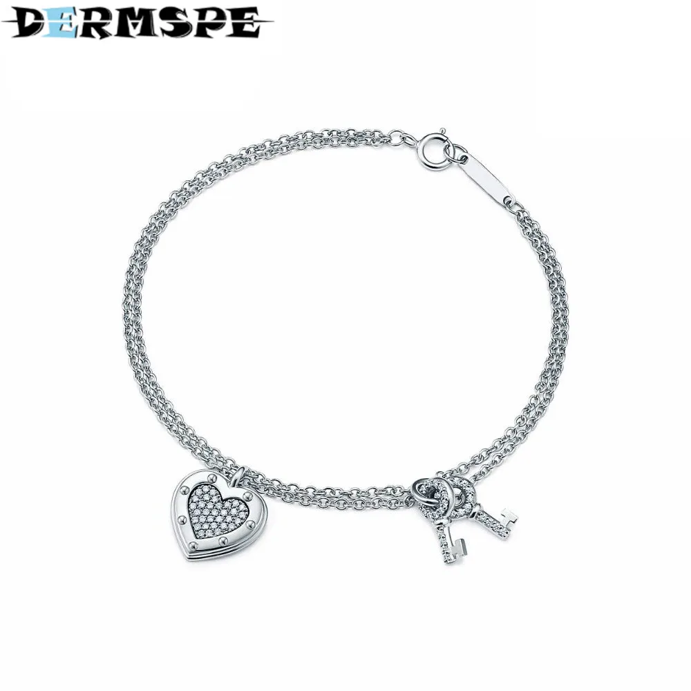 

DERMSPE TIFF 925 Sterling Silver Heart Zircon Key Bracelet DIY Gift Jewelry Fashion Bracelet Factory Direct