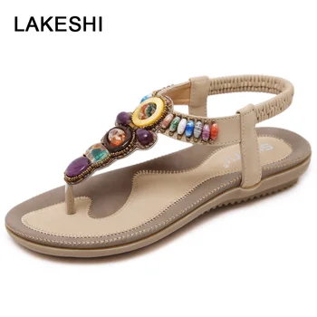 

LAKESHI Bohemian Summer Women Sandals Big Size 44 45 Women Shoes 2019 Flip Flops Women Flat Sandals Beach Sandals Ladies Sandals