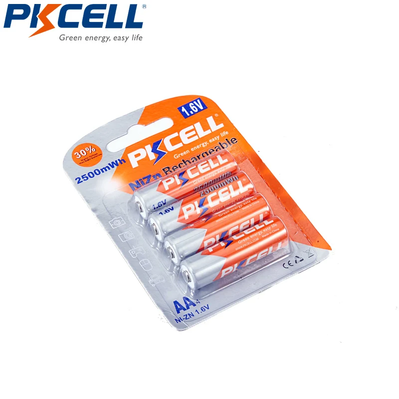 Billige 4Pcs PKCELL AA 1,6 V NI ZN Akku 2250mWh zu 2500mWh AA batterien verpackt mit Ni Zn Batterie ladegerät EU Us stecker