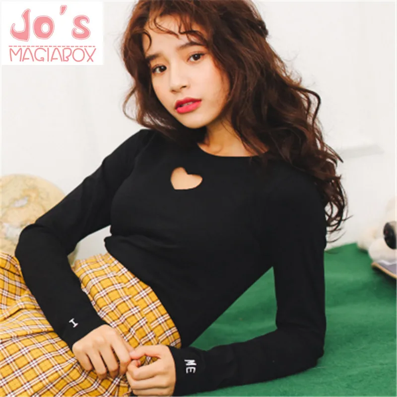 

New Summer Letters Hollow Out Cute Lovely Sexy Ulzzang Harajuku Women O neck T-Shirts Casual Slim Long-Sleeve Tops TS031