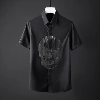 

Luxury Crystal Drill Skull Mens Shirts Plus Size 4xl Solid Color Short Sleeve Mens Dress Shirts Hight Quality Casual Mens Shirts