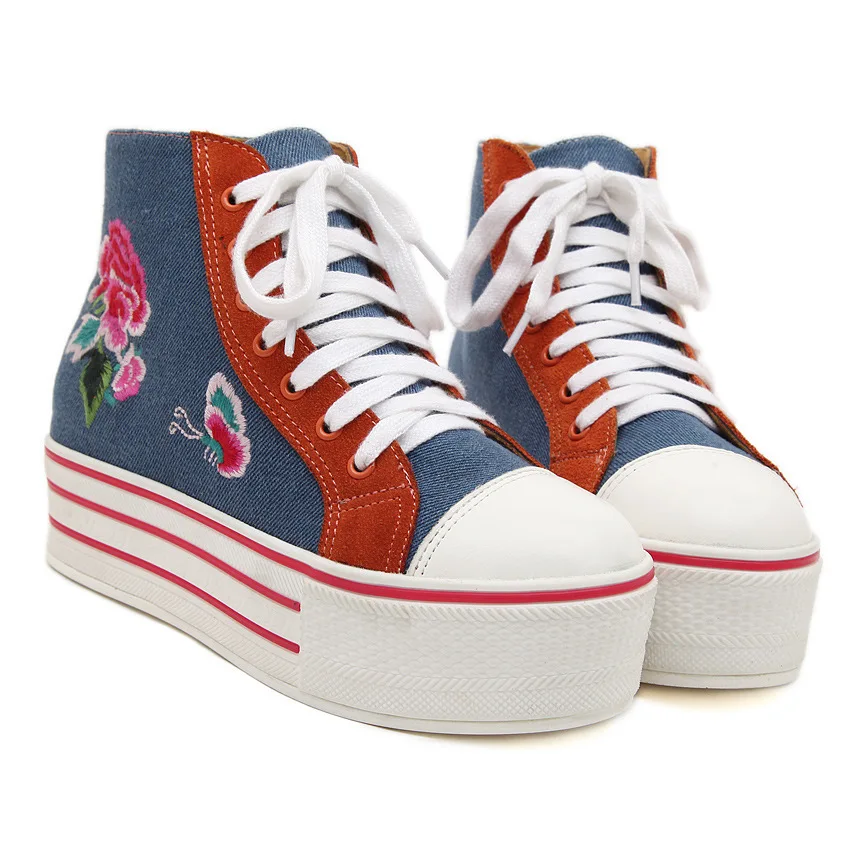 

Women Wedges Elevator Chunky Heel Platform Lace Up Embroidery Spring Autumn Fashion Casual Denim Canvas Shoes Size 35-40 SXQ0628