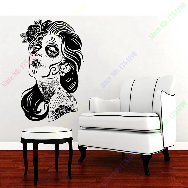 Happy Halloween Skull Girl Face Hair Tattoo Salon Zombie Fashion Vinyl 