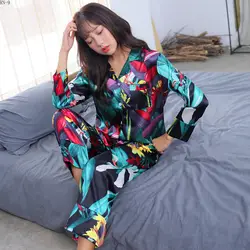 2019 весенние пижамы костюм для взрослых шелк Pijama Mujer печати элегантный для женщин сексуальный пижамный комплект девушка ночное длинные