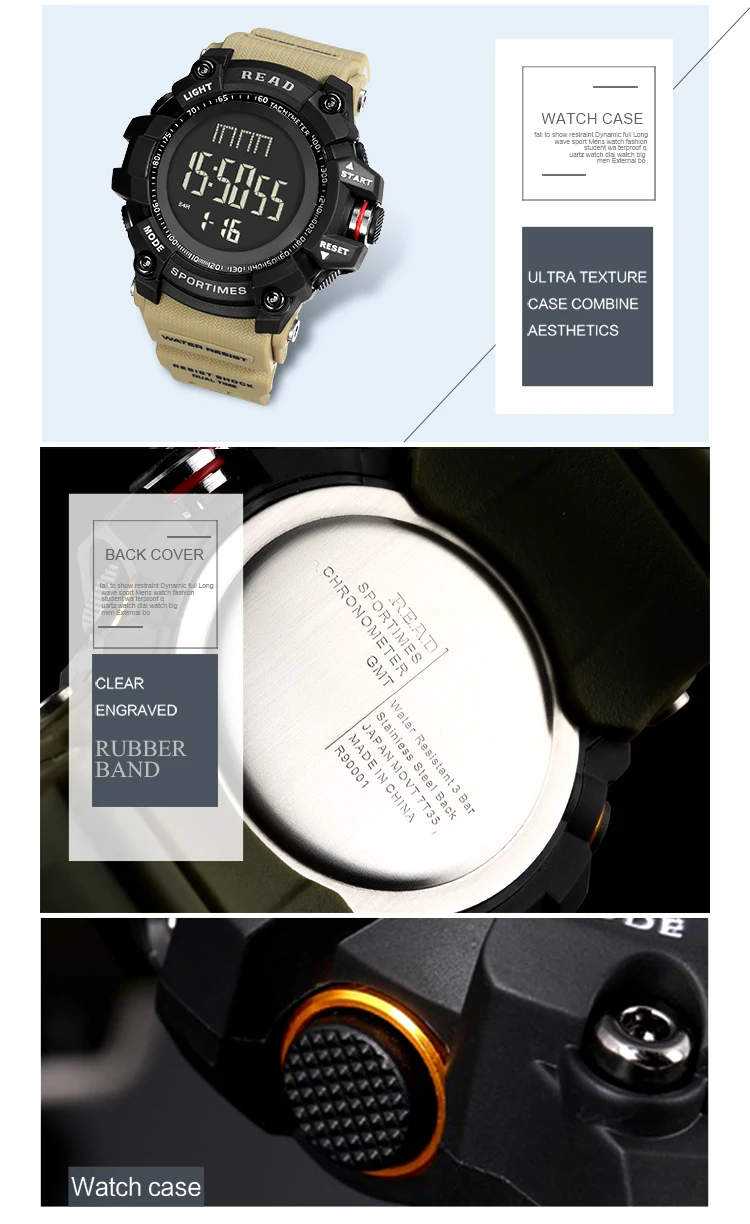 Наручные часы READ Band 90002, мужские спортивные, военные кварцевые часы, круглые, двойная цифровая шкала, аналоговый секундомер, Relogio militan