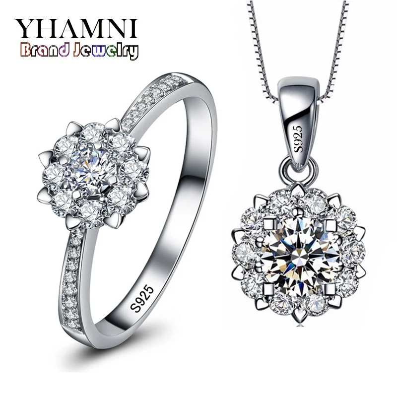 

YHAMNI Pure 925 Sterling Silver Flower Jewelry Sets Snowflake CZ Ring Necklace Set Crystal Wedding Jewelry Sets for Women TZ000