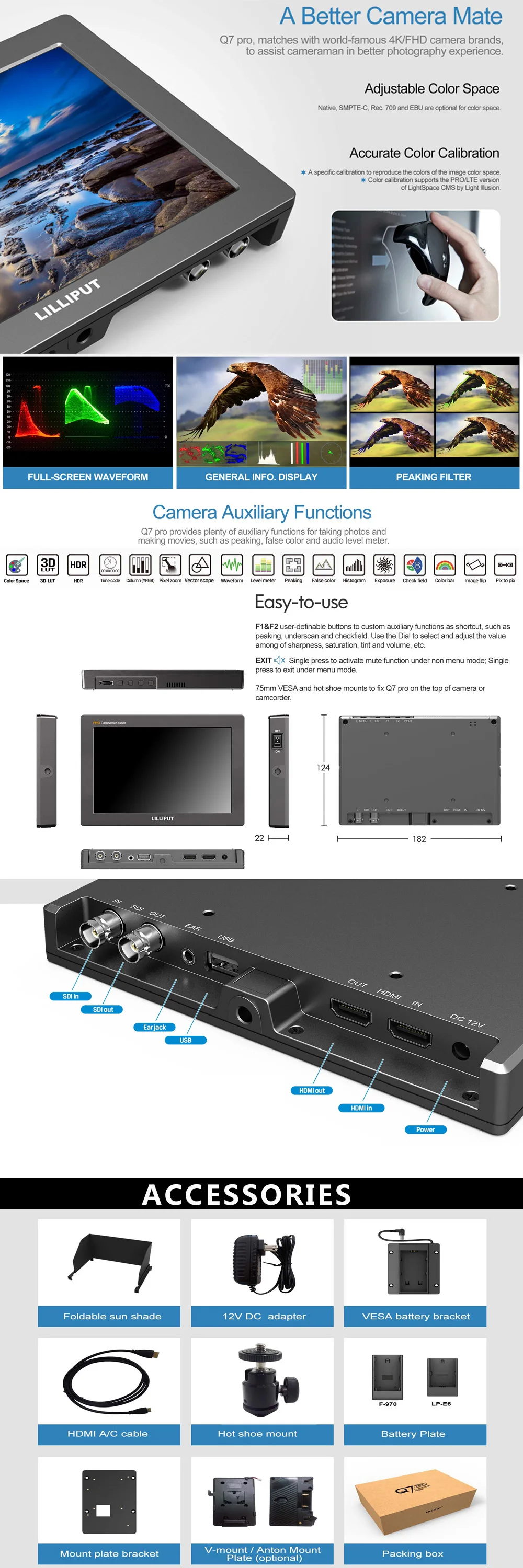 Lilliput Q7 Pro 1920*1200 3D-LUT HDR Цвет пространство 3G-SDI HDMI Cross преобразования 7 дюймов с полевым монитором