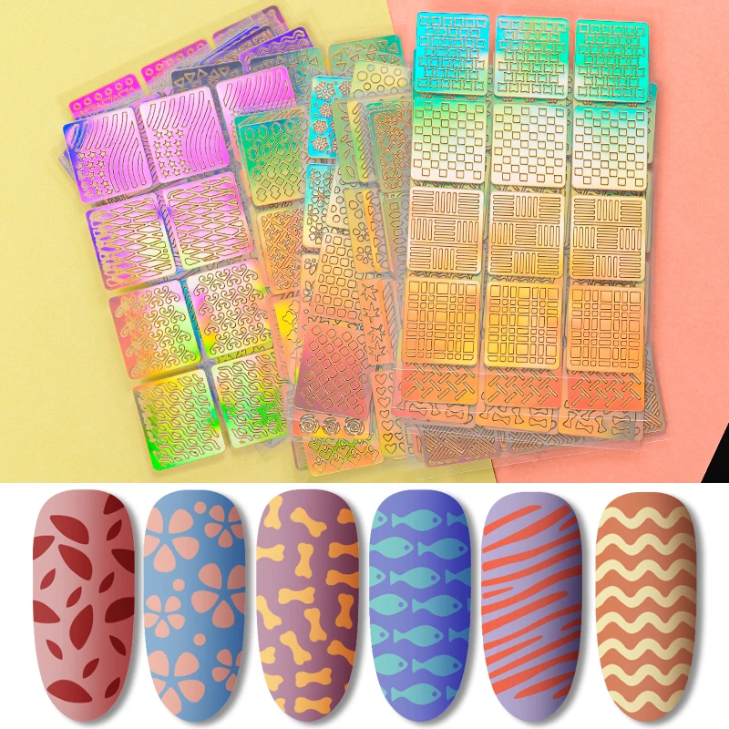 

Laser Nail Art Hollow Stickers Nail Vinyls 3D Image Transfer Guide Stencil Set Irregular Pattern Template Mixed Decals 24Designs