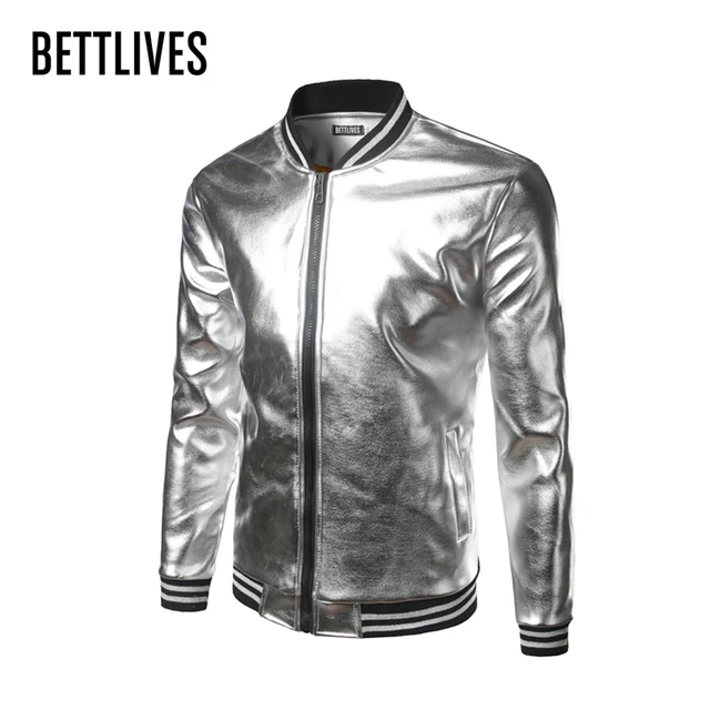 Trend Mens Varsity Jacket Metallic Gold Jacket Night Club Wear Shiny