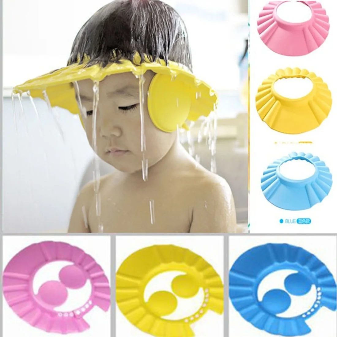 

2016 Fashion Kids Shampoo Bath Shower Cap Visor Wash Hair Shield Hat With Ear Cover Bathroom Products