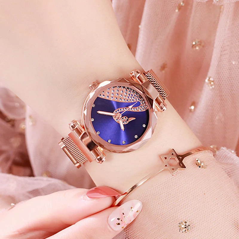 

Luxury Bracelet Women Watches Rose Gold Magnetic Blue Watch Fashion Diamond Ladies Crystal Quartz Clock Gift Relogio Feminino