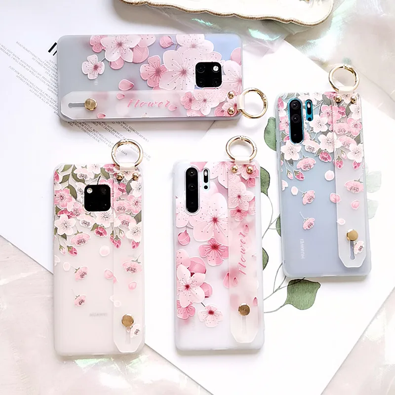 

For huawei P30 / pro Peach blossom wrist strap case half transparent holder flowers Emboss soft case for nova 4 4e 2s mate20pro