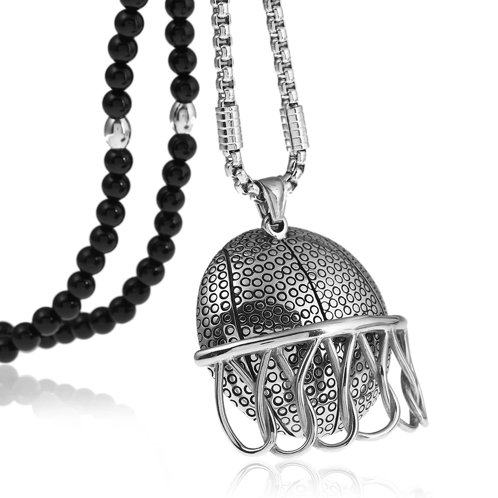 

American Football Helmet Stainless Steel Sports Pendant Necklace with Black Natural Stone Chain 26